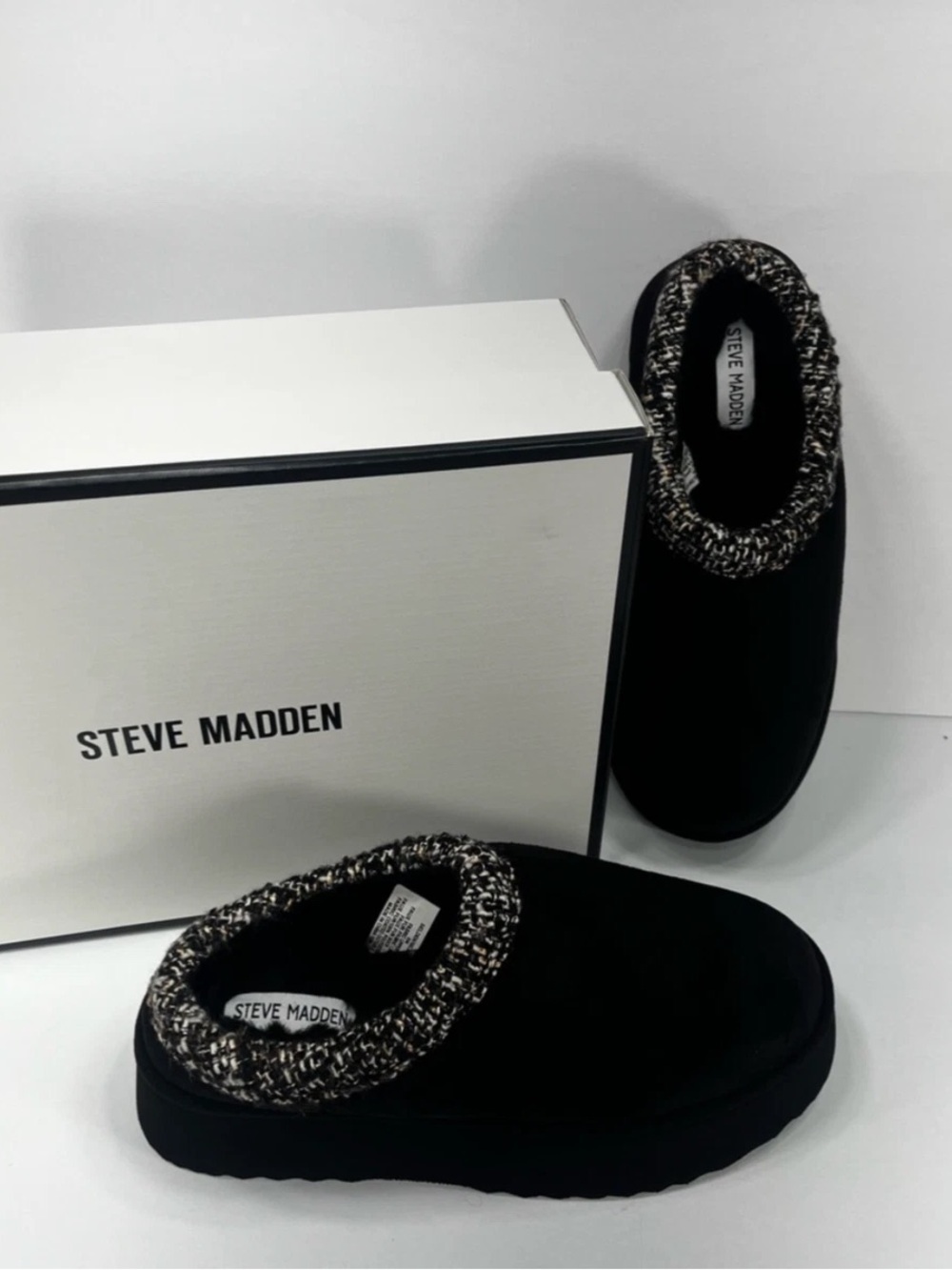 Steve Madden Black Slip-On Slipper with Tweed Trim